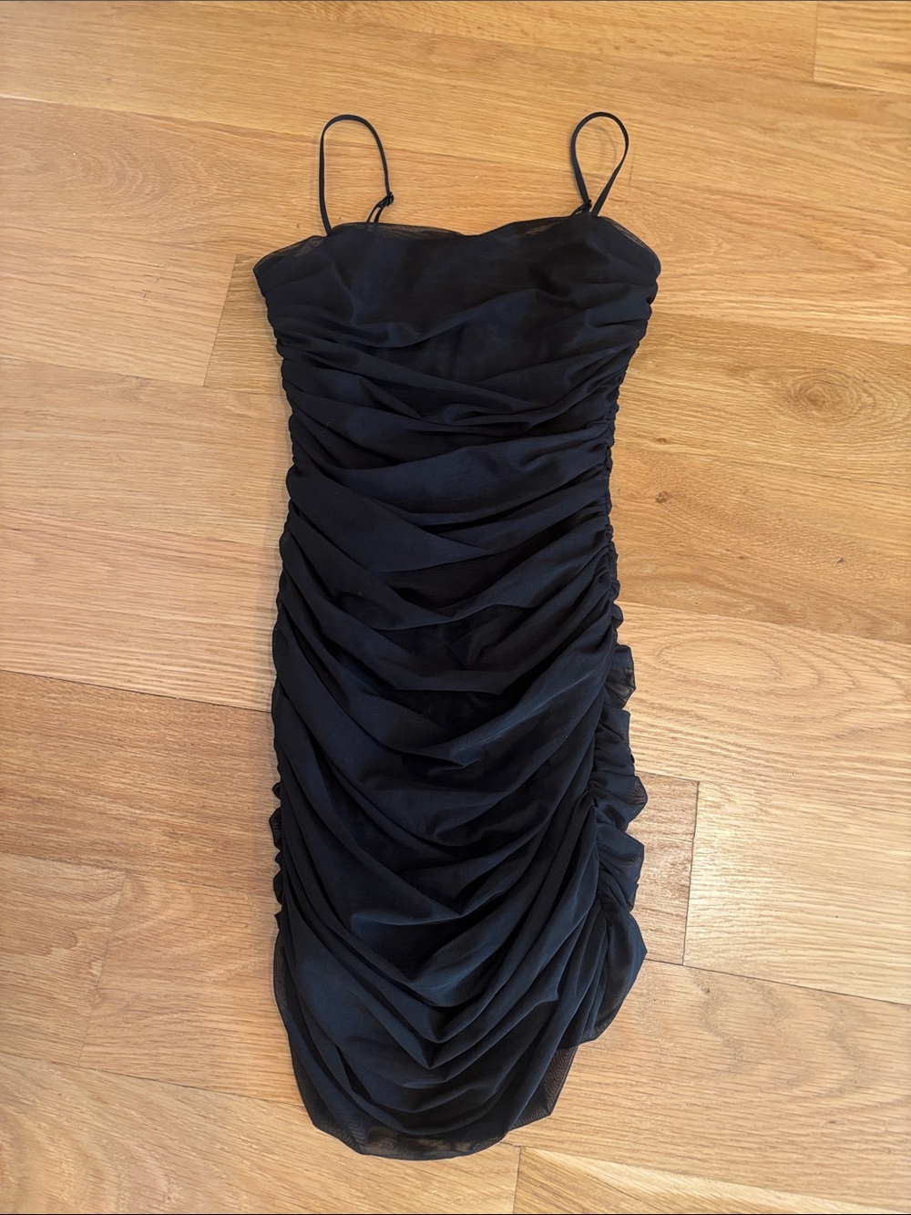 Aritzia Black Ruched Mini Dress with Spaghetti Straps